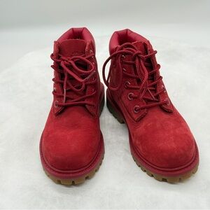 Timberland Red Boots Monochromatic Suede Work Style Unisex Size 8